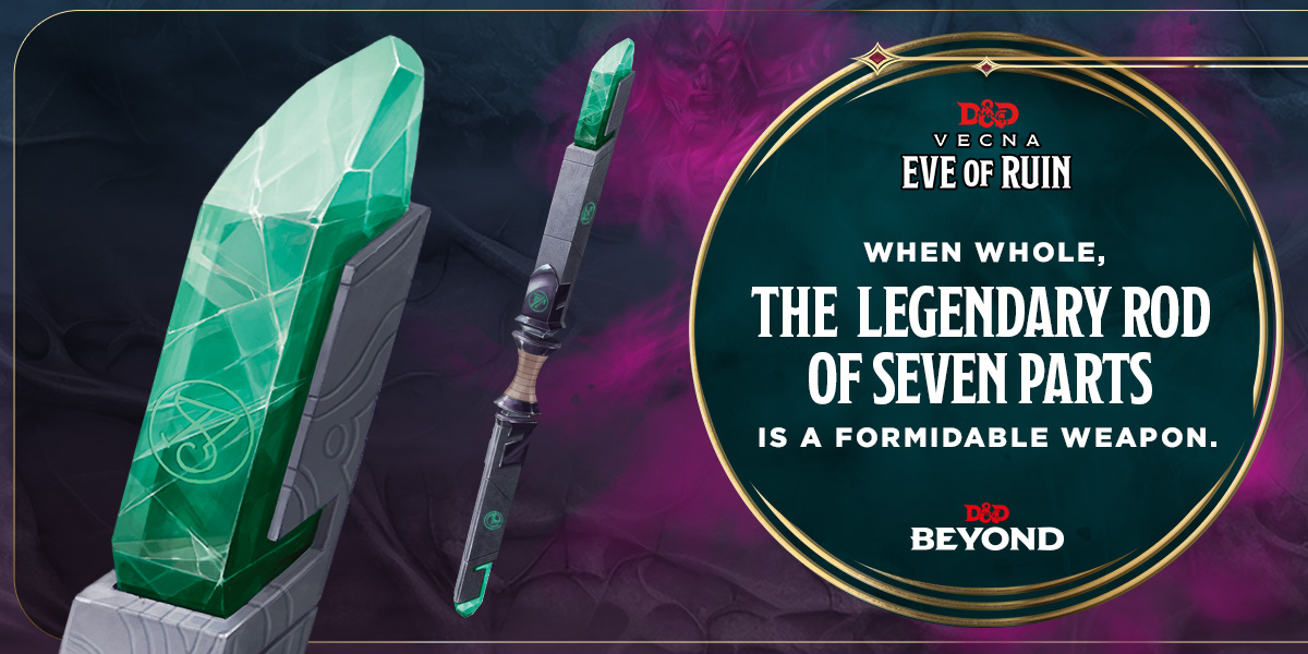 A rod with a large gem at the end is engraved with various arcane symbols. Text reads, 