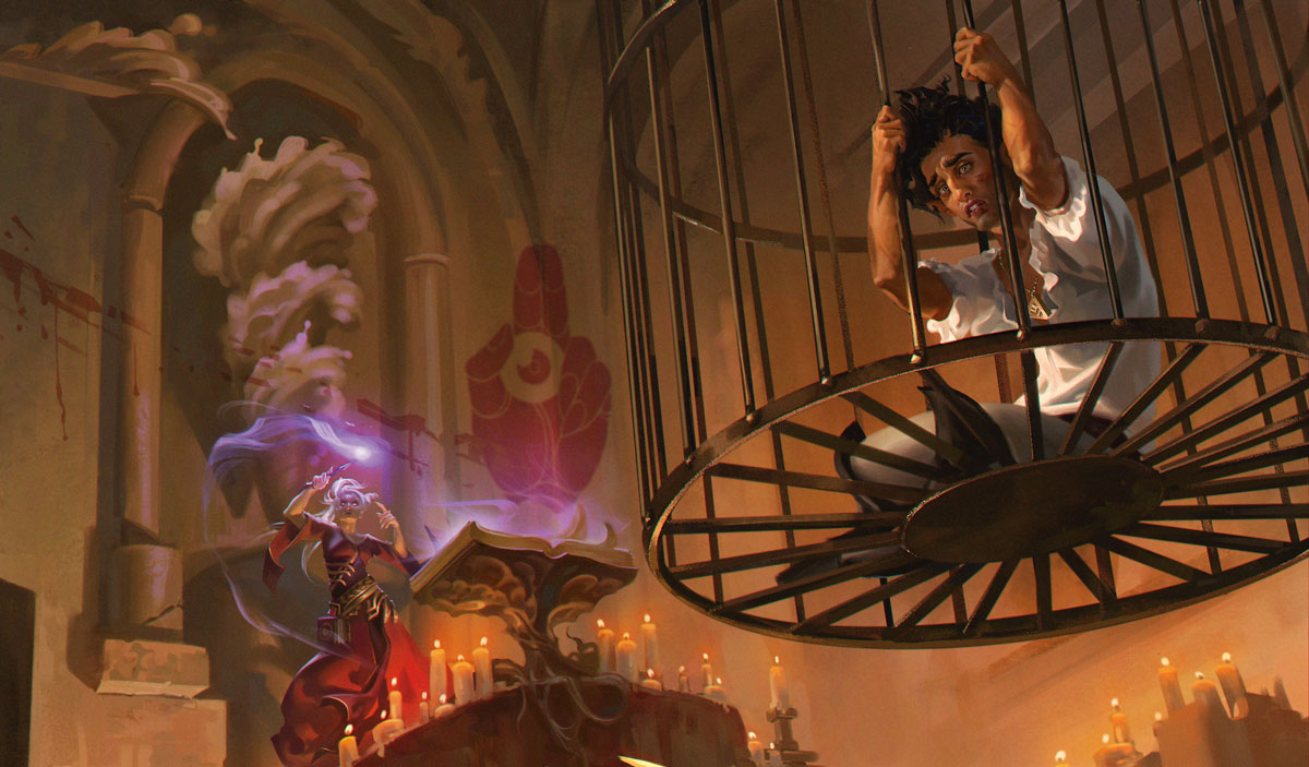 A cultist of Vecna performs a ritual while a captive looks on from a cage.