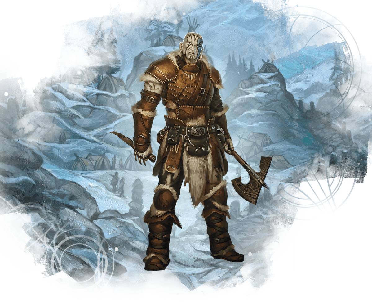A goliath barbarian stands in a frigid landscape wielding a battleaxe