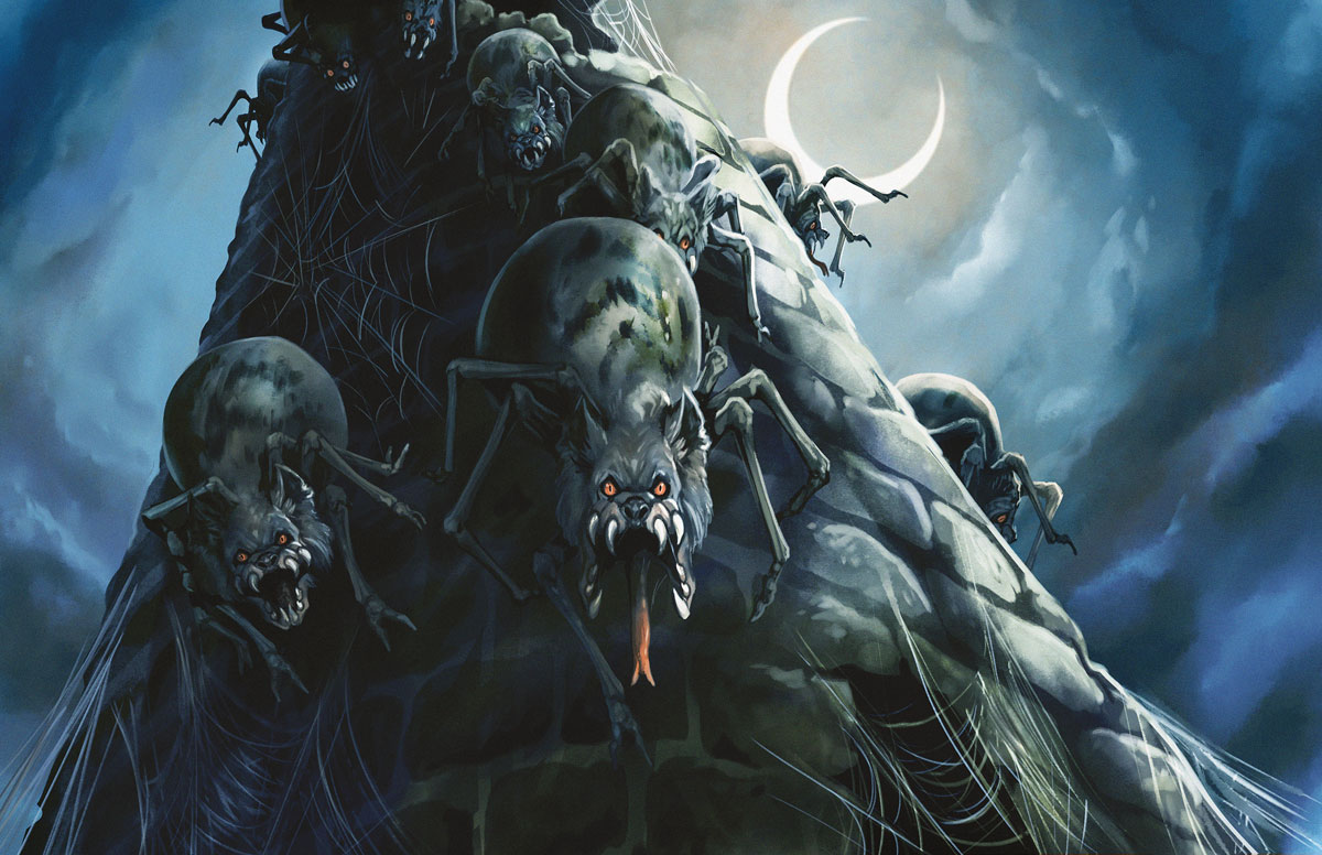 Spyder-fiends crawling down the side of a tower with wolf-maws gaping.