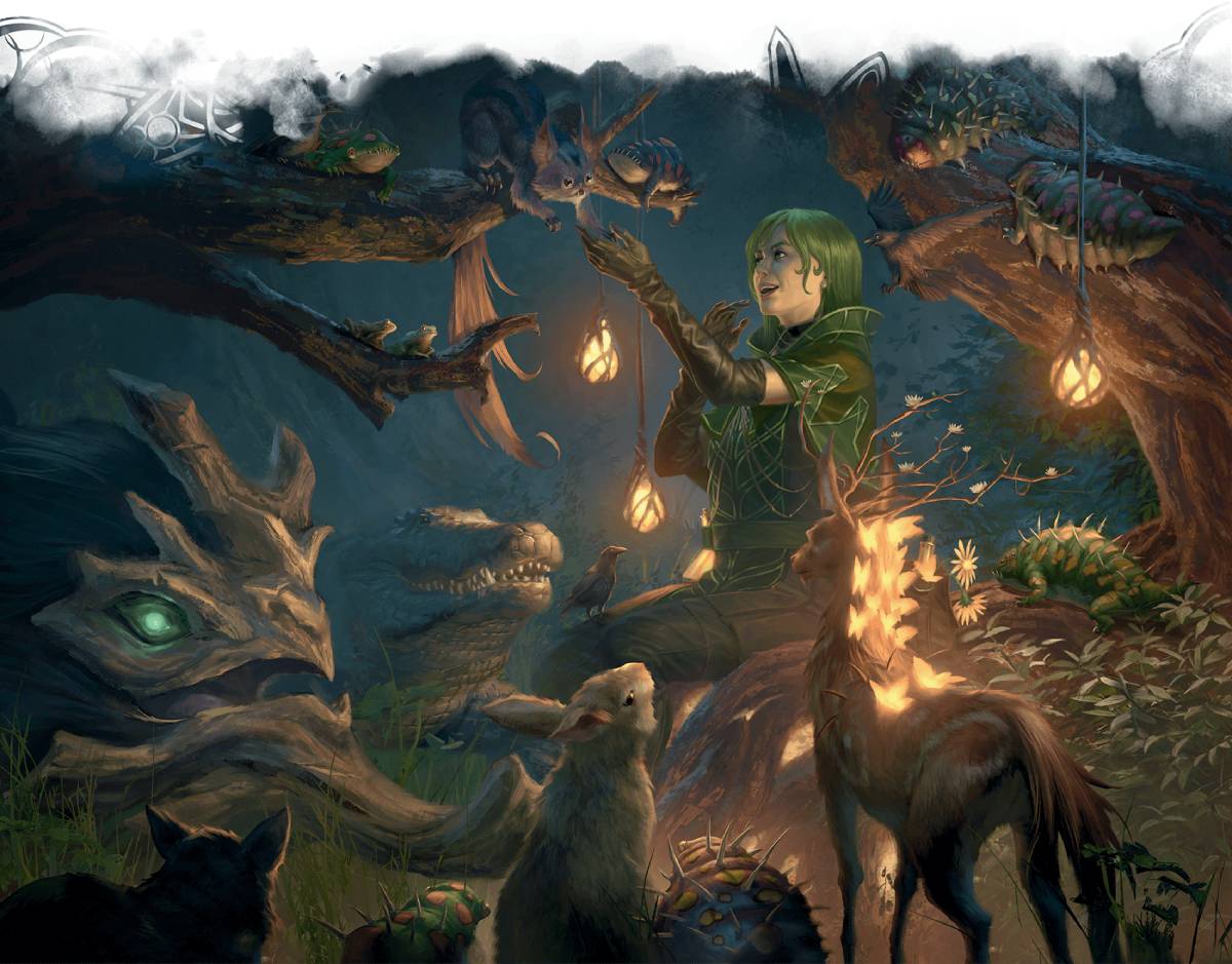 A green-haired druid sits in a glade surrounded by woodland creatures