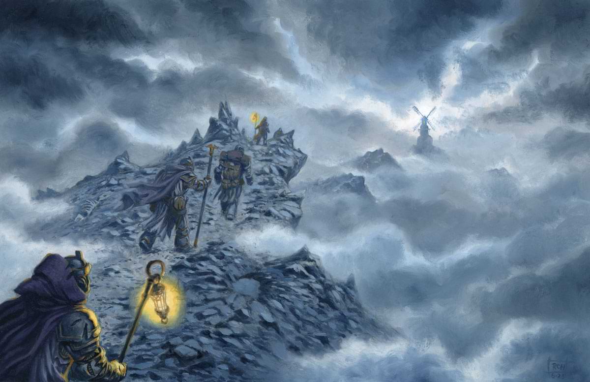 Adventurers walking along a cloudy mountain ridge.