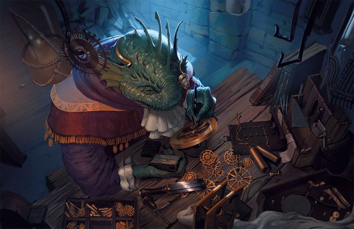 An artificer character tinkers at a work bench.