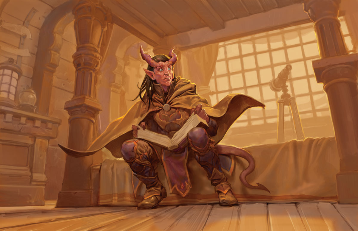 A rogue looks around as he steals information from a book.