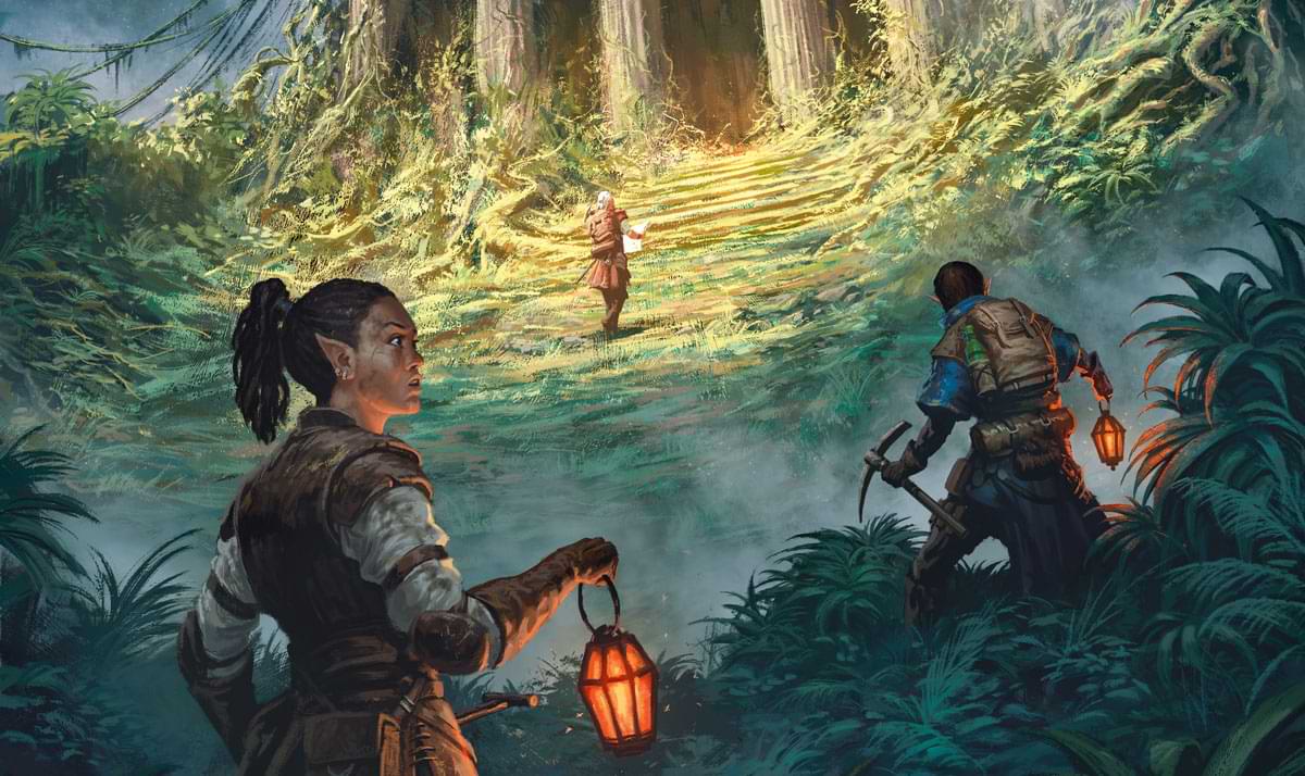 Adventurers approach a vine-covered mausoleum.