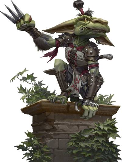 A goblin assassin perched on a stone wall.