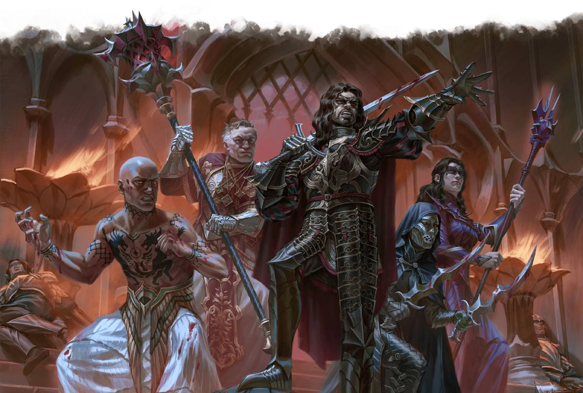 A villainous party led by a man in ornate black and gold armor.