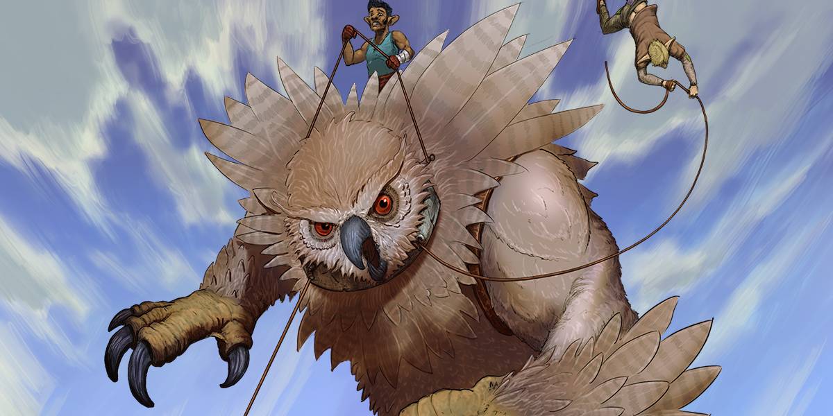An owlbear mount that adventurers are struggling to control.