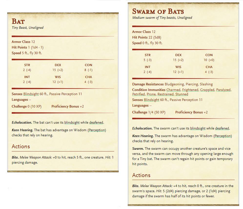The bat and swarm of bat stat blocks side by side.