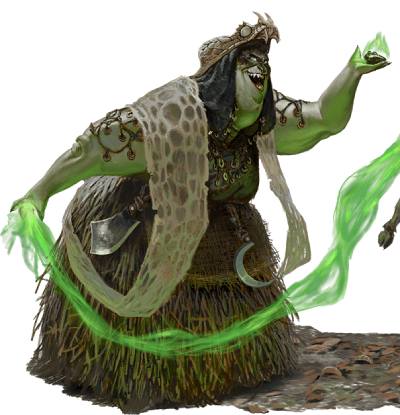 A green hag performing a ritual.