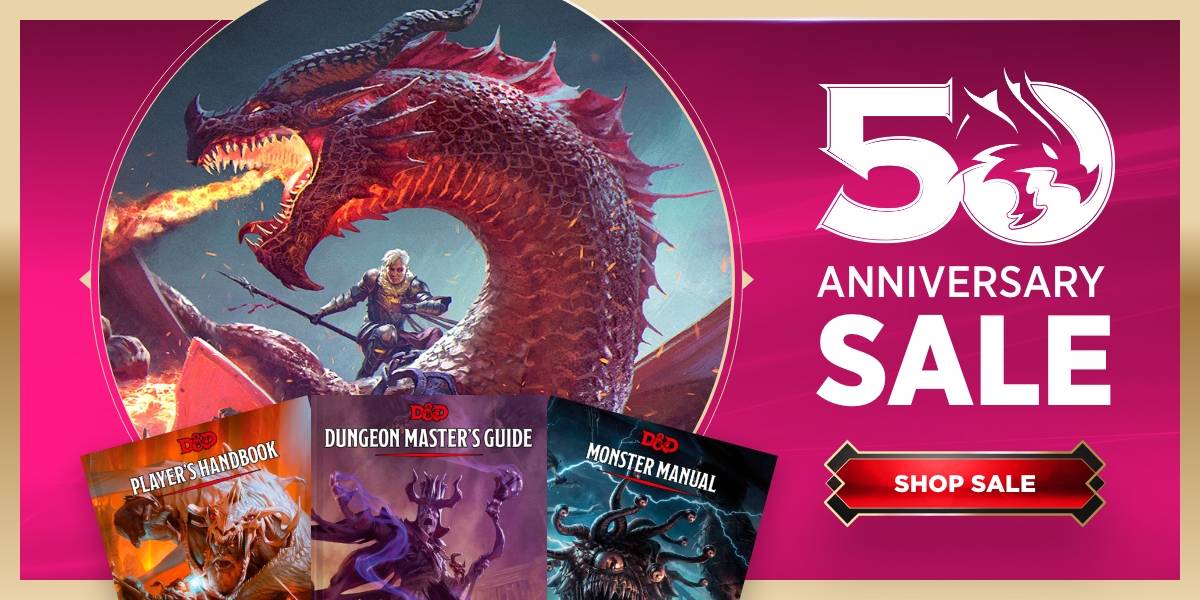 Various D&D book covers are pictured against a red backdrop. A portrait of a dragon rider is off to the left. Text reads, "50 Anniversary Sale. Shop Sale."
