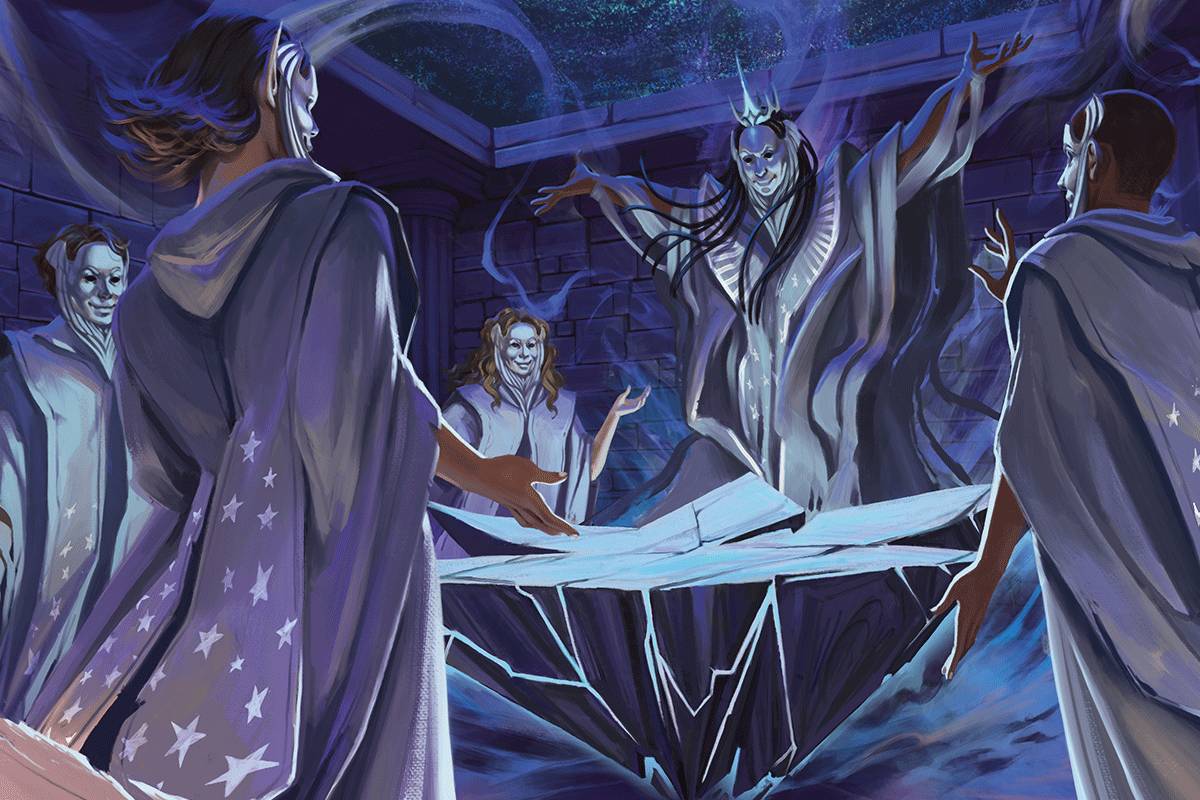 three robed figures, two of whom are wearing masks, standing around a shattered stone table with glowing blue cracks