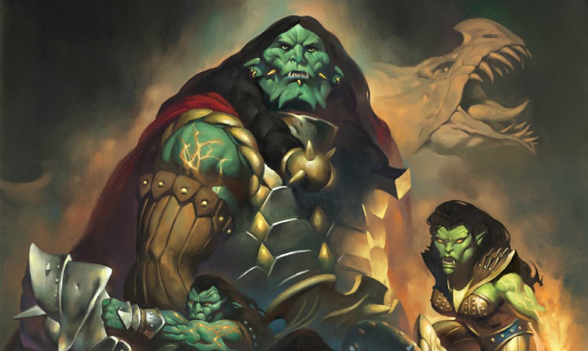 Raskovar standing above ferocious looking orcs.