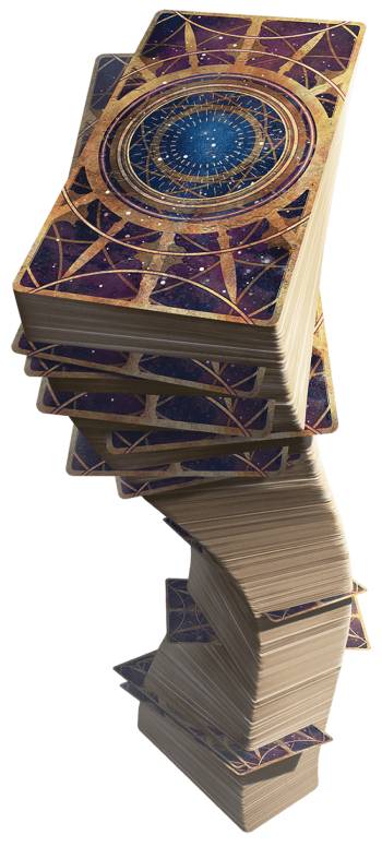 A tall stack of cards with a cosmic background full of stars.