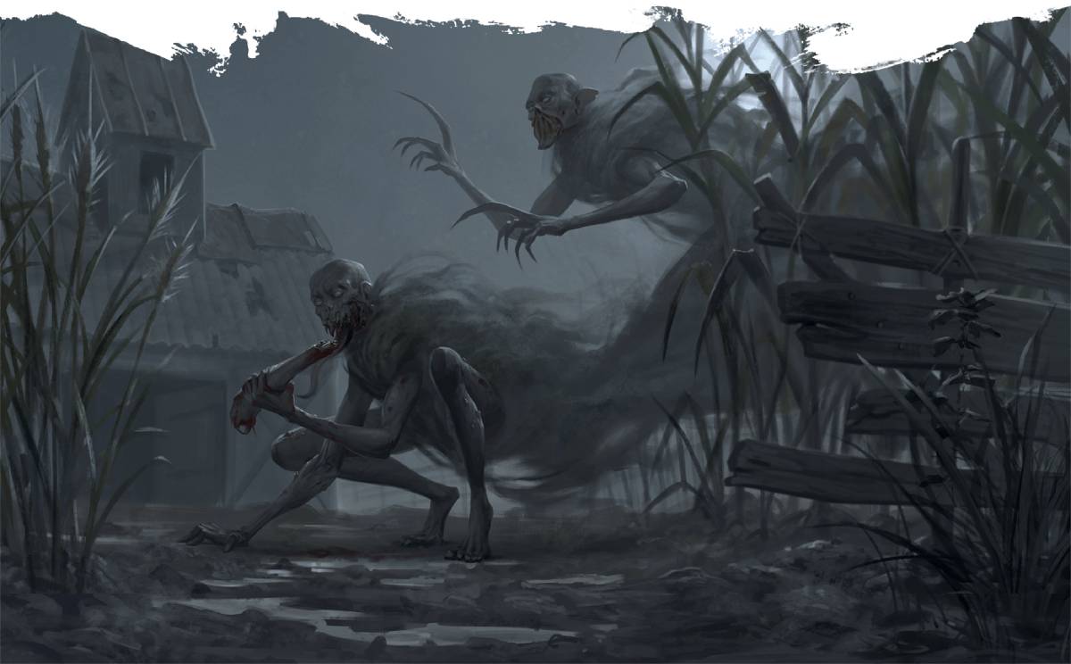 A ghoulish creature eats a bone from its prey