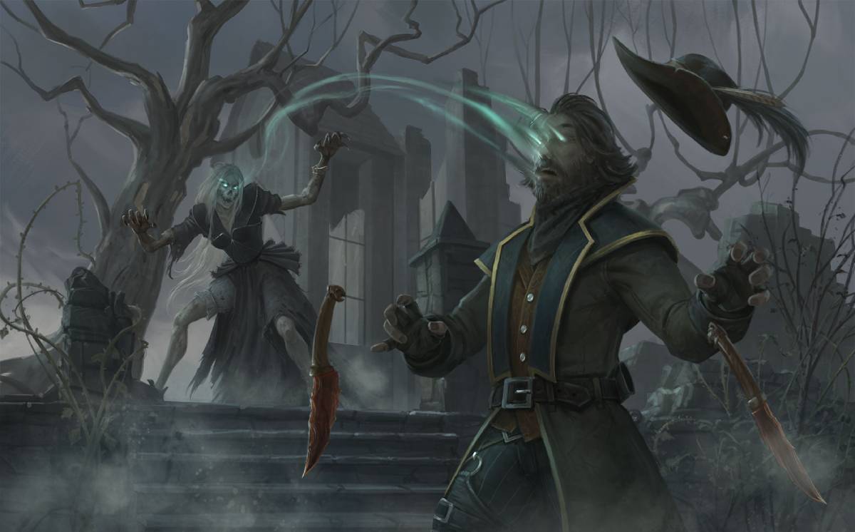 A monster hunter has energy siphoned away by an undead spellcaster.