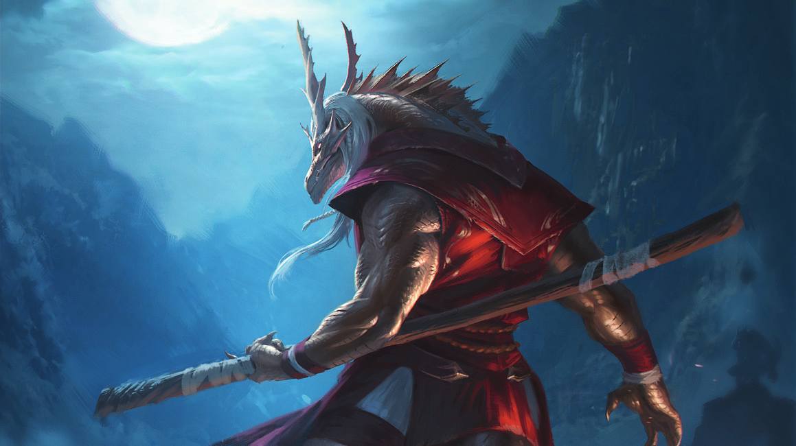 A dragonborn monk holding a quarterstaff.