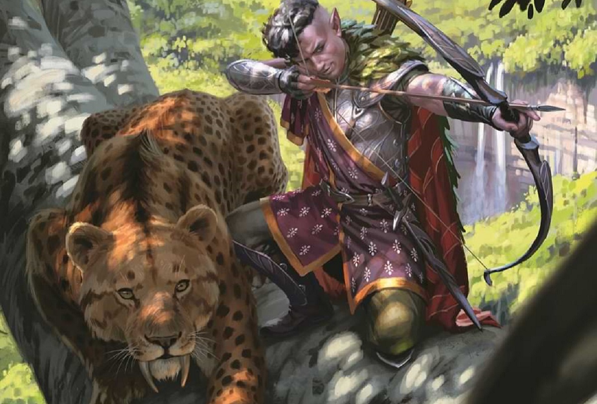 An elven Ranger in a tree with their primal companion aims a bow and arrow.