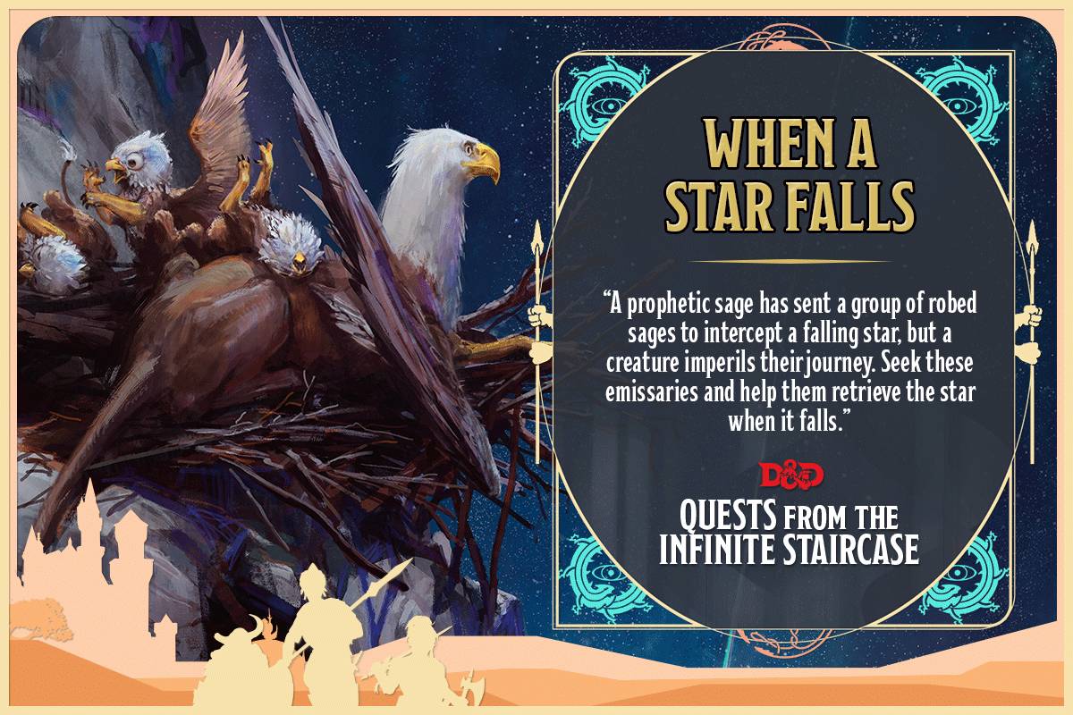 A griffon, with multiple baby griffons in its nest. Text reads, 'A prophetic sage has sent a group of robed sages to intercept a falling star, but a creature imperils their journey. Seek these emissaries and help them retrieve the star when it falls.'