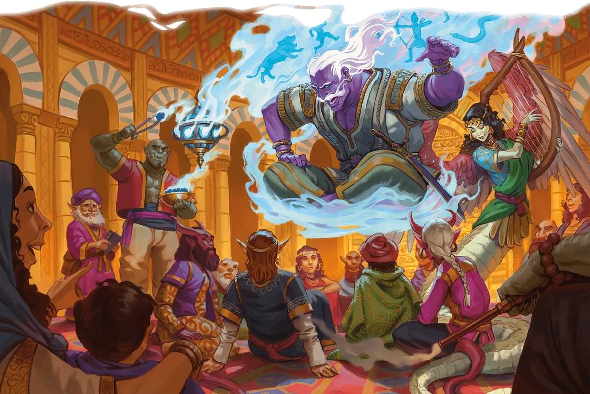 The genie Nafas entertains guests at a party.