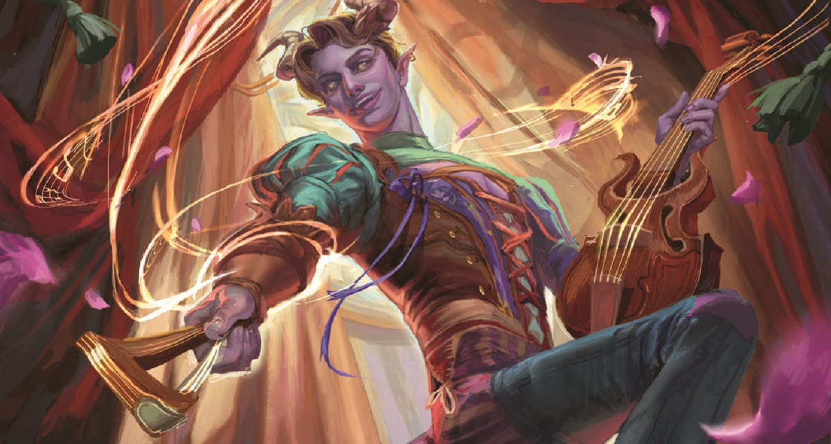 Magical music swirls around a tiefling Bard as he plays a viola.