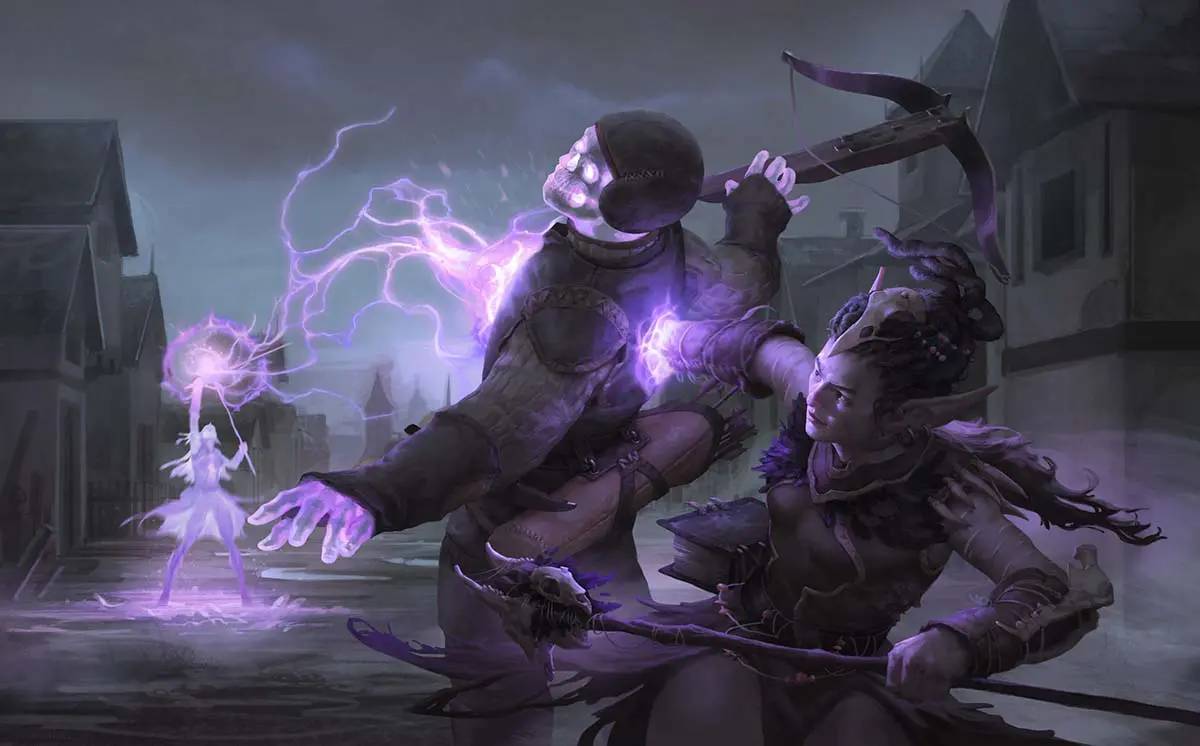 A mage channels crackling purple lightning through her foe.