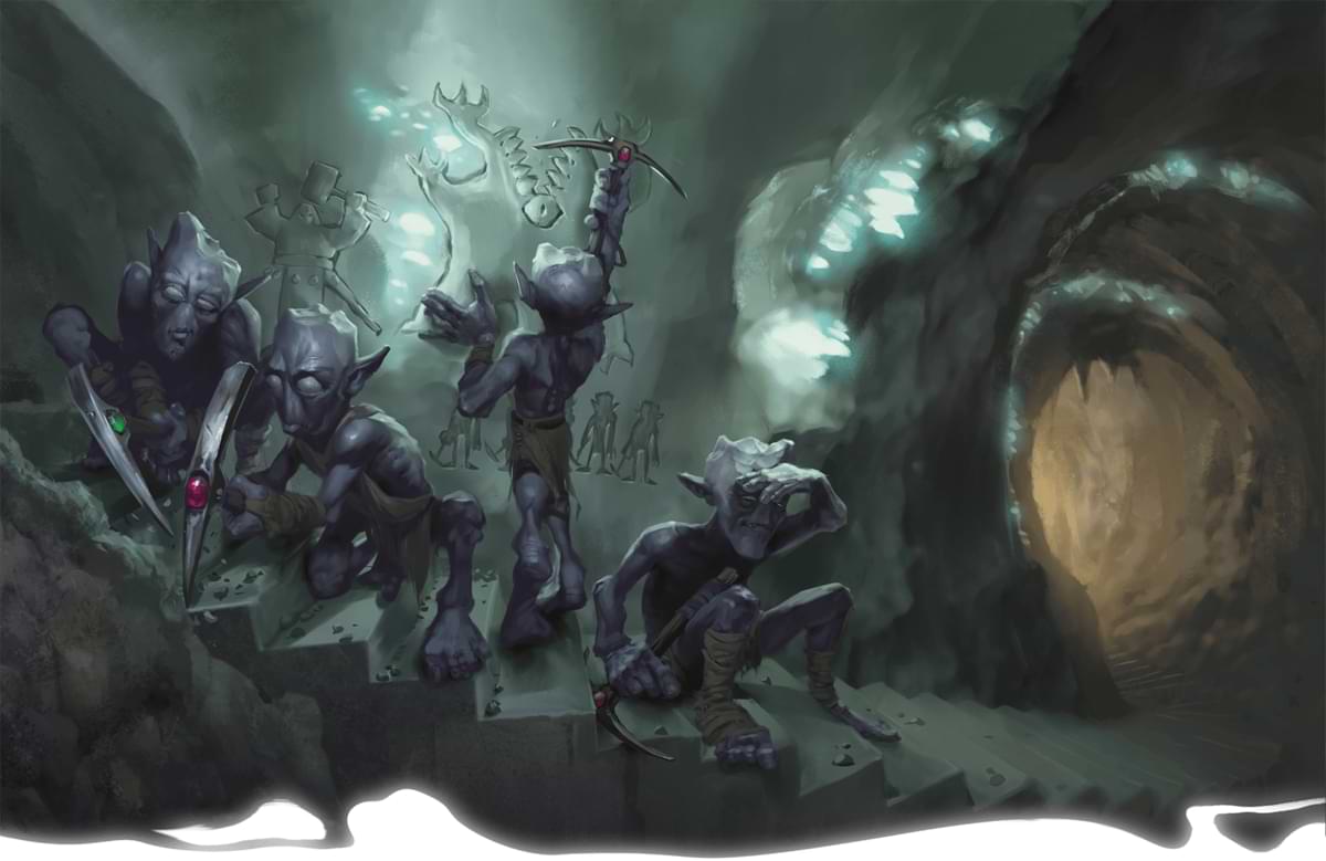 Four pechs dig a tunnel up into the mountain while decorating its walls with carvings.
