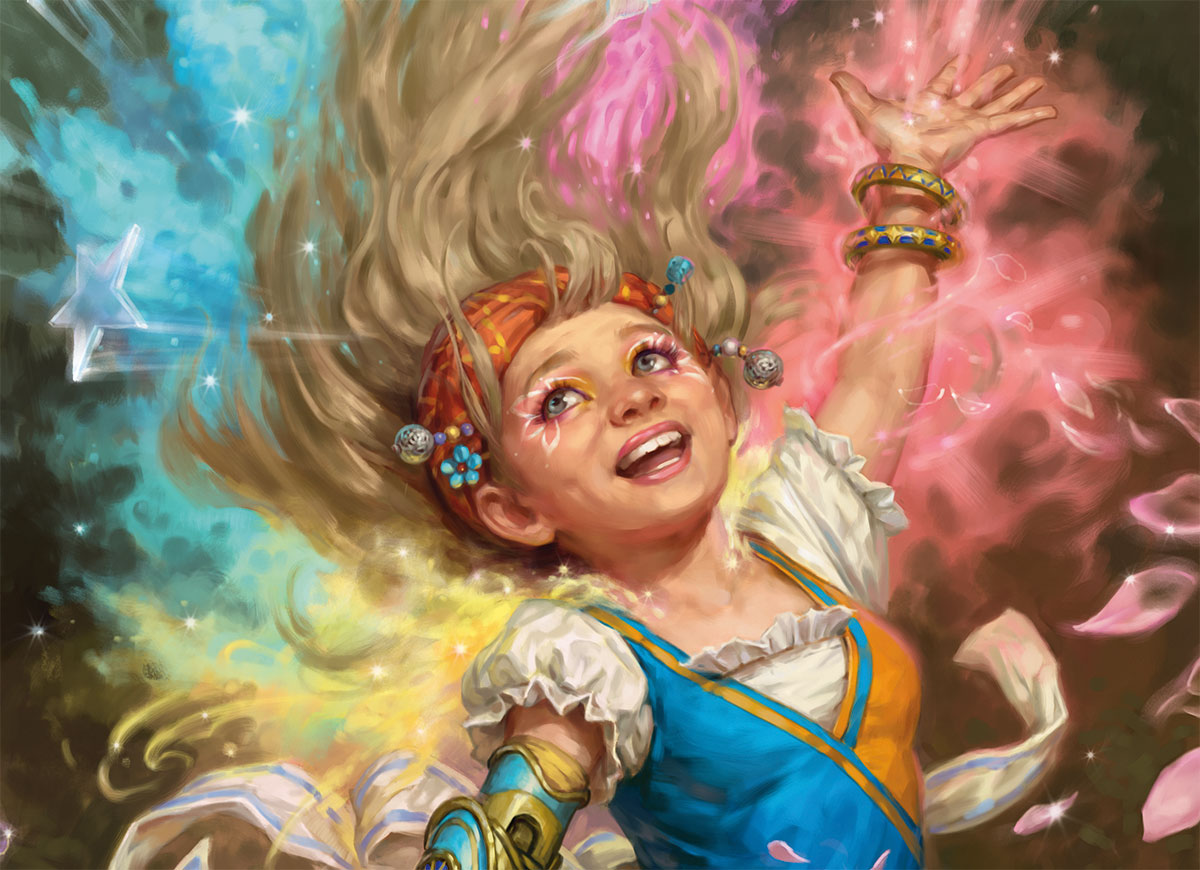 A gnome infused with Wild Magic creates a colorful burst of energy.
