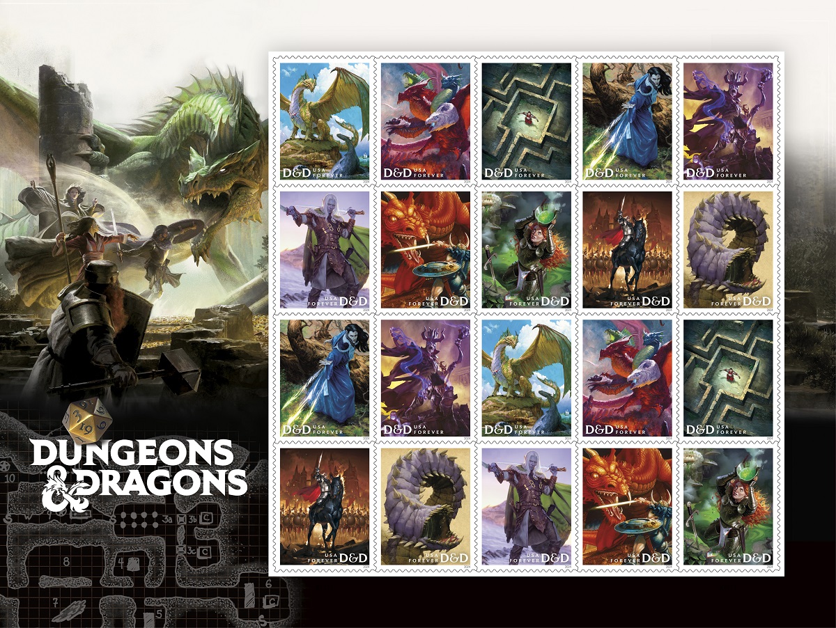 An assortment of D&D-themed postage stamps.
