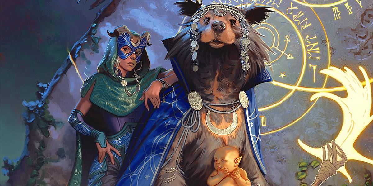 A bearfolk druid and a shadow fey rogue stand before a warding stone, safeguarding a changeling baby on their travels through the shadowy forest