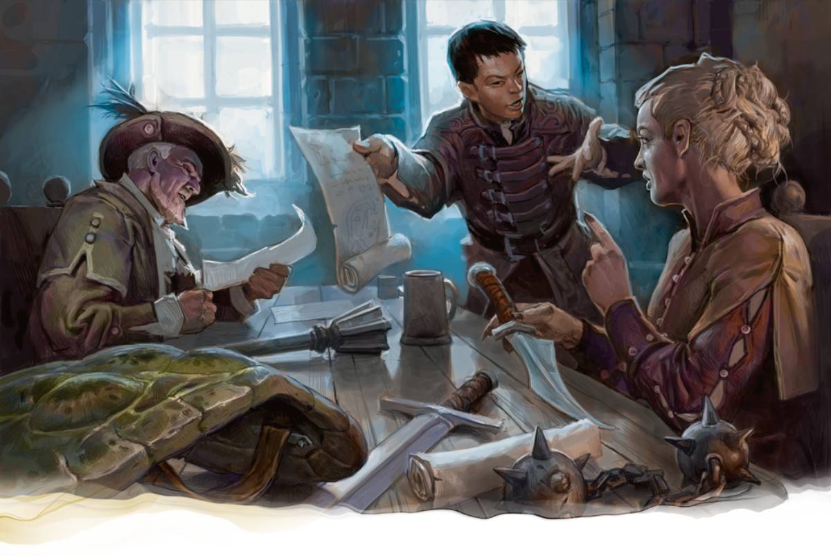 Adventurers discuss their plans at the table of a tavern.