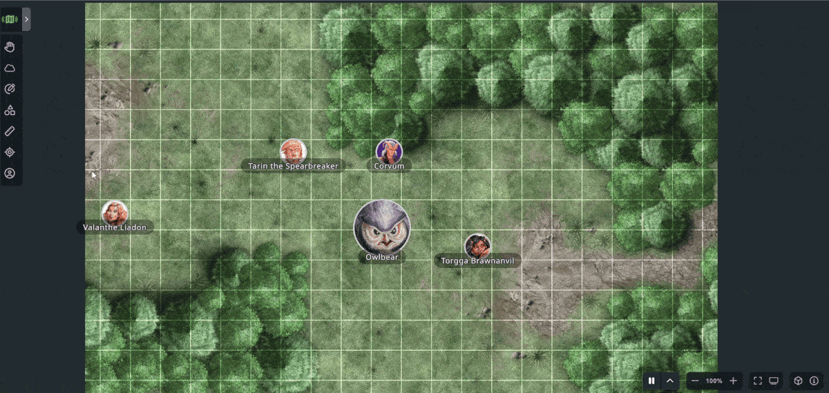 A gif showing a VTT encounter between D&D characters and an owlbear
