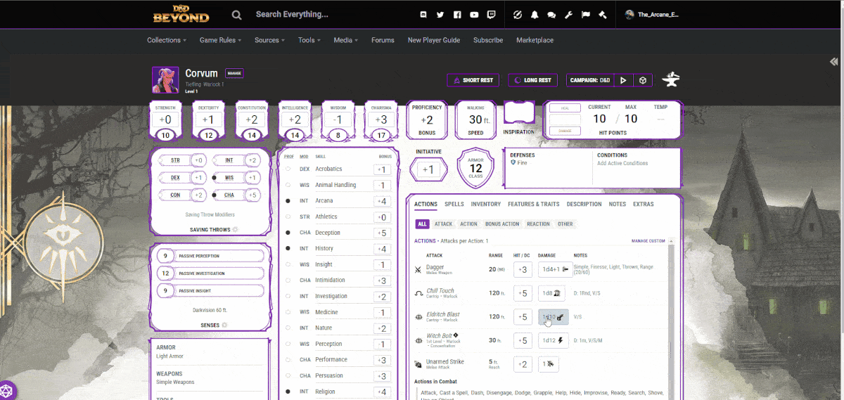 Rolling attacks and damage in D&D Beyond's digital character sheet