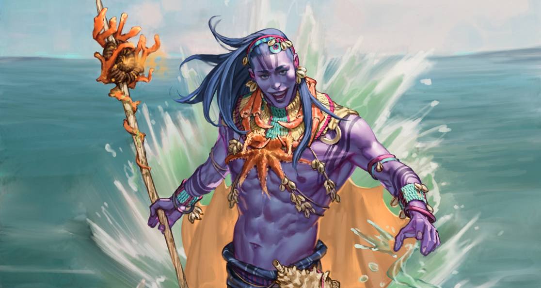 A Circle of the Sea Druid adorned with small sea creatures smiles as waves crash behind him.