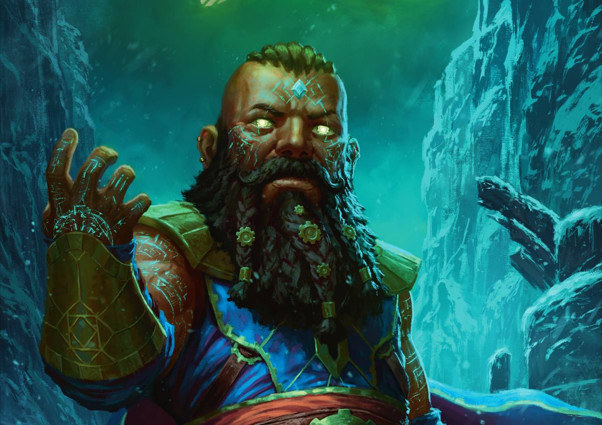 A Dwarf Sorcerer covered in green glowing runes.