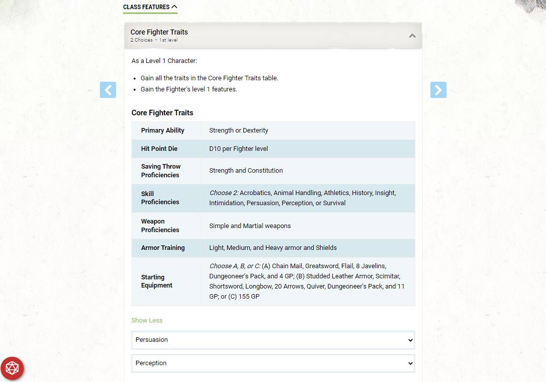 A screenshot of the D&D Beyond character builder showing the Core Fighter Traits