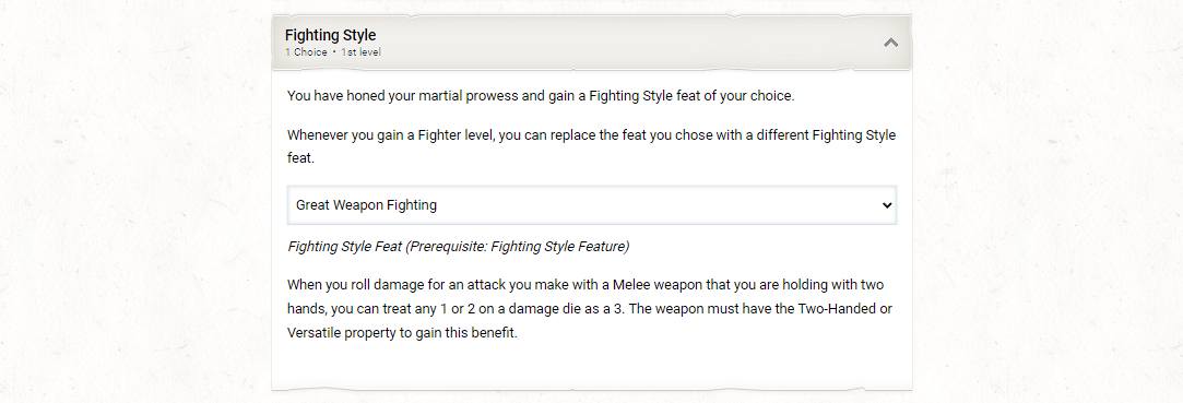 A screenshot of the D&D Beyond character builder showing the Fighting Style feature.