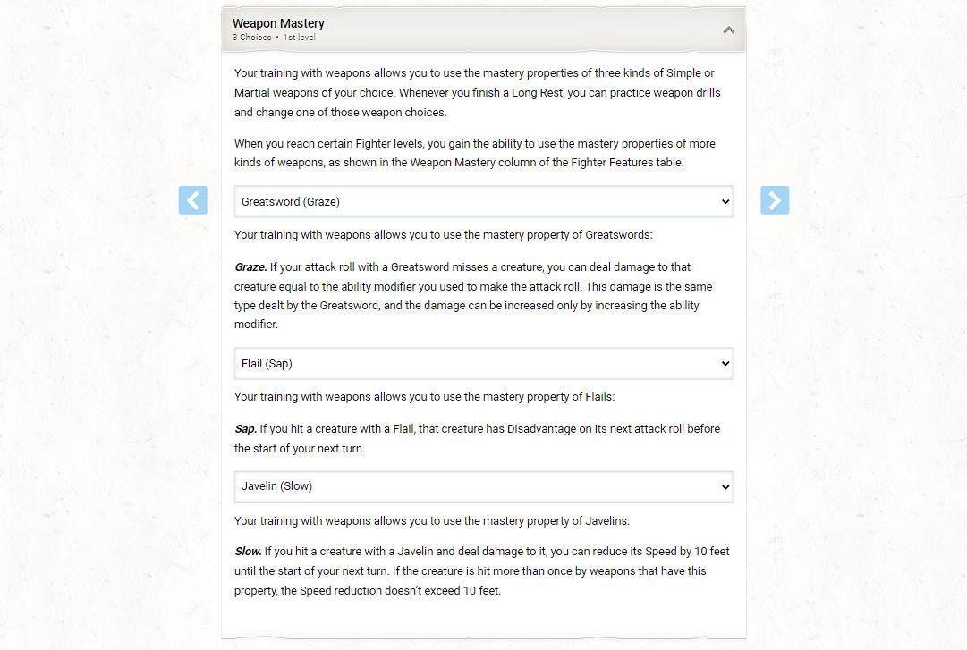 A screenshot of the D&D Beyond character builder showing the Weapon Mastery feature.