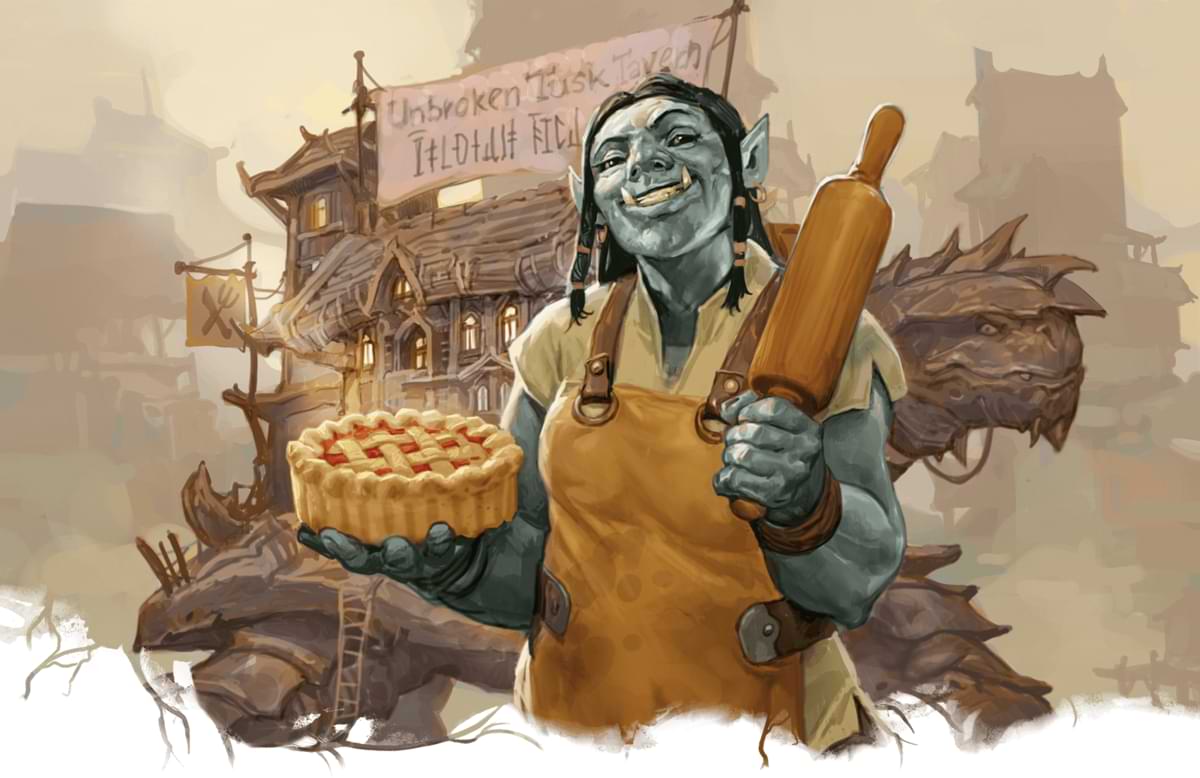 A blue orc holds a pie while standing in front of her tavern
