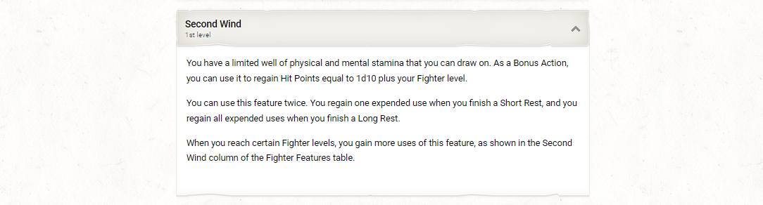 A screenshot of the D&D Beyond character builder showing the Second Wind feature.