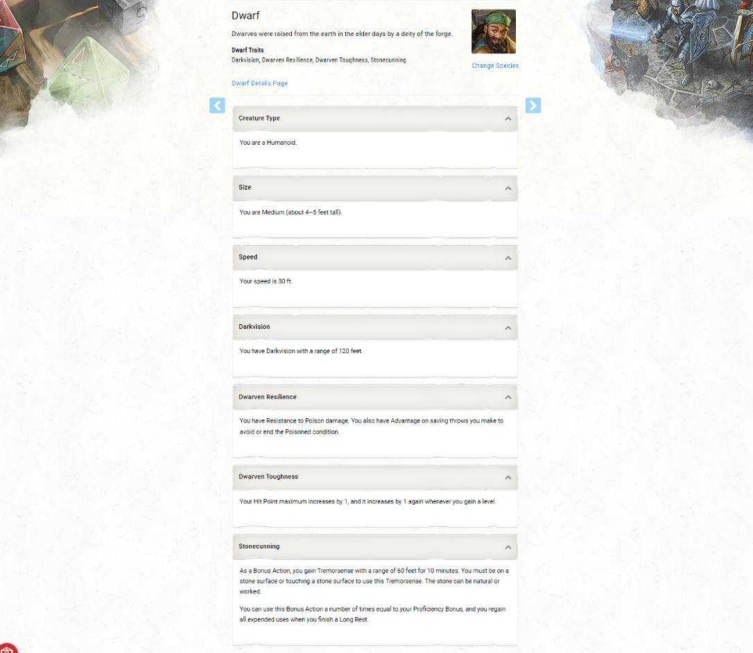 A screenshot of the D&D Beyond character builder showing the Dwarf species.