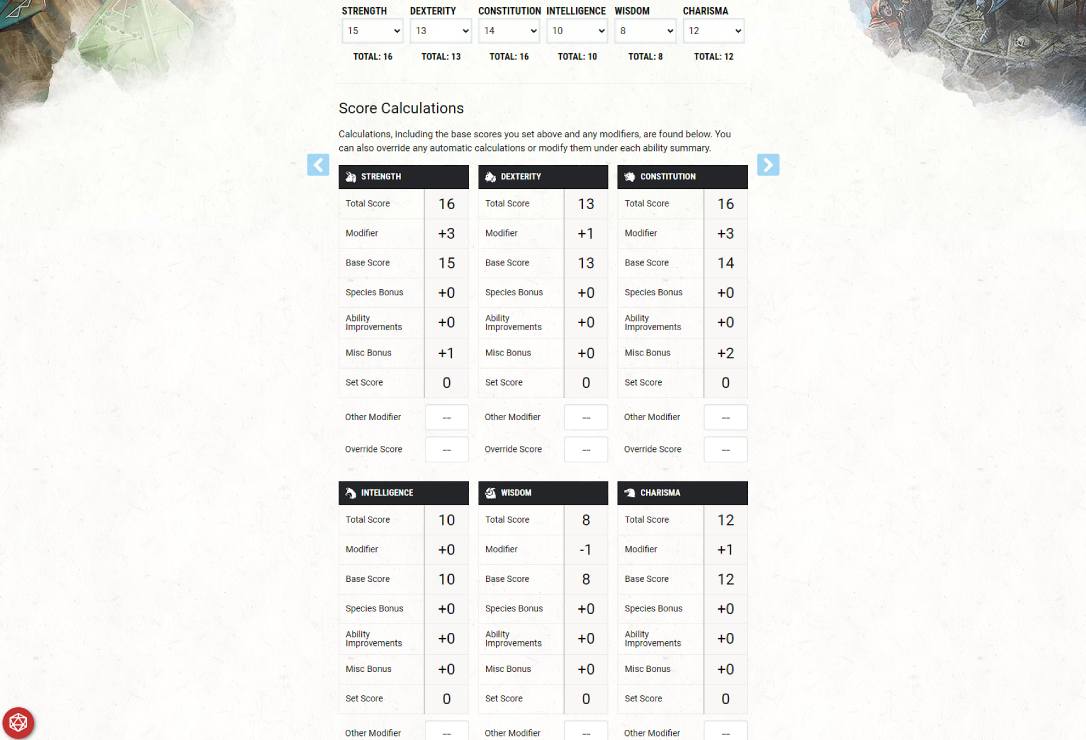 A screenshot of the D&D Beyond character builder showing ability scores.