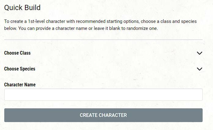 D&D Beyond character builder showing the premade character screen