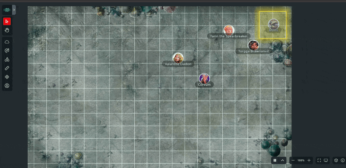 A gif of the D&D Beyond Maps VTT where a Mimic is revealed from hiding in front of unsuspecting adventurers