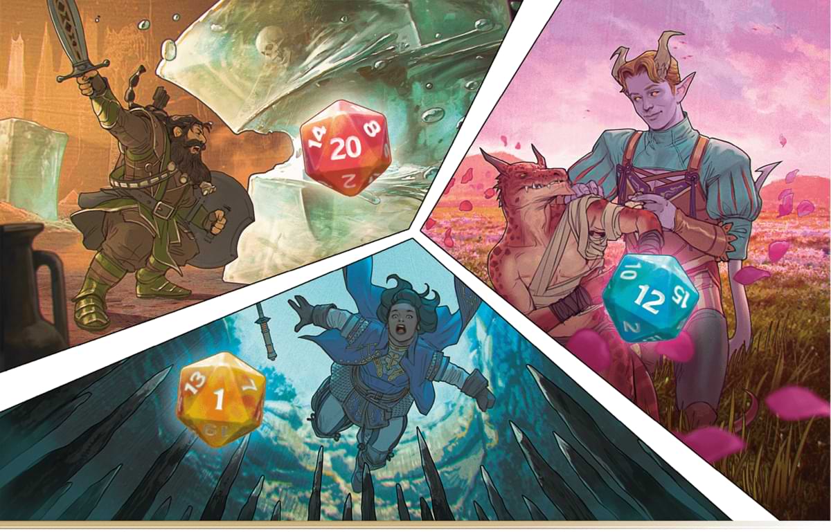 D20s appear over three images: A Dwarf attacks a Gelatinous Cube. A Tiefling bandages an injured Kobold. A Cleric falls into a spike pit.