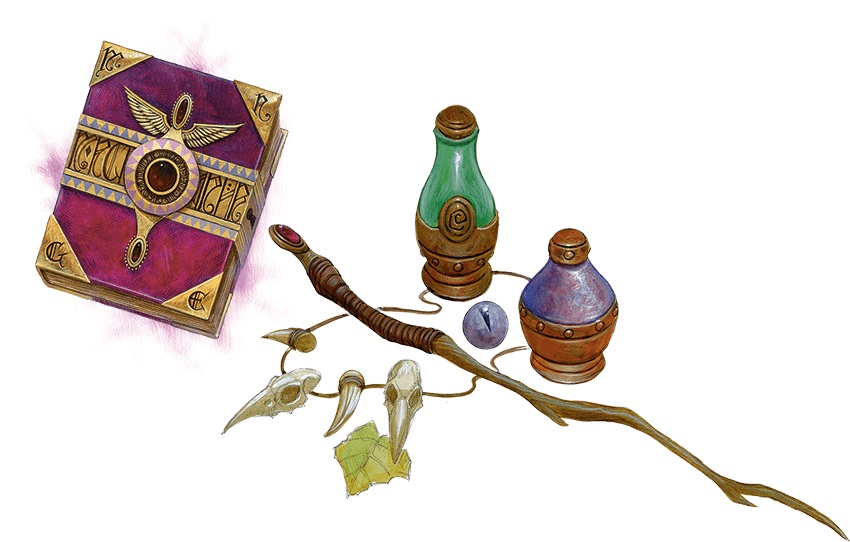 A spellbook, potions, and other magical implements.