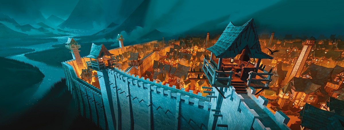 An aerial view of a well-lit city at night. Its walls tower over a river and mountainous area.