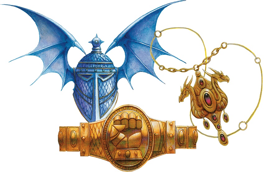 A magical helmet, belt, and bracelet.