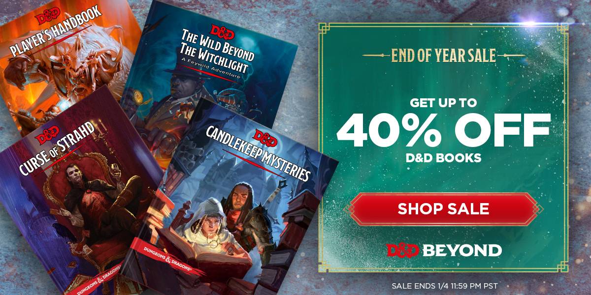 Various D&D book covers are pictured against a stone backdrop. Text reads, "End of Year Sale. Save Up to 40% on D&D Books. Shop Sale."