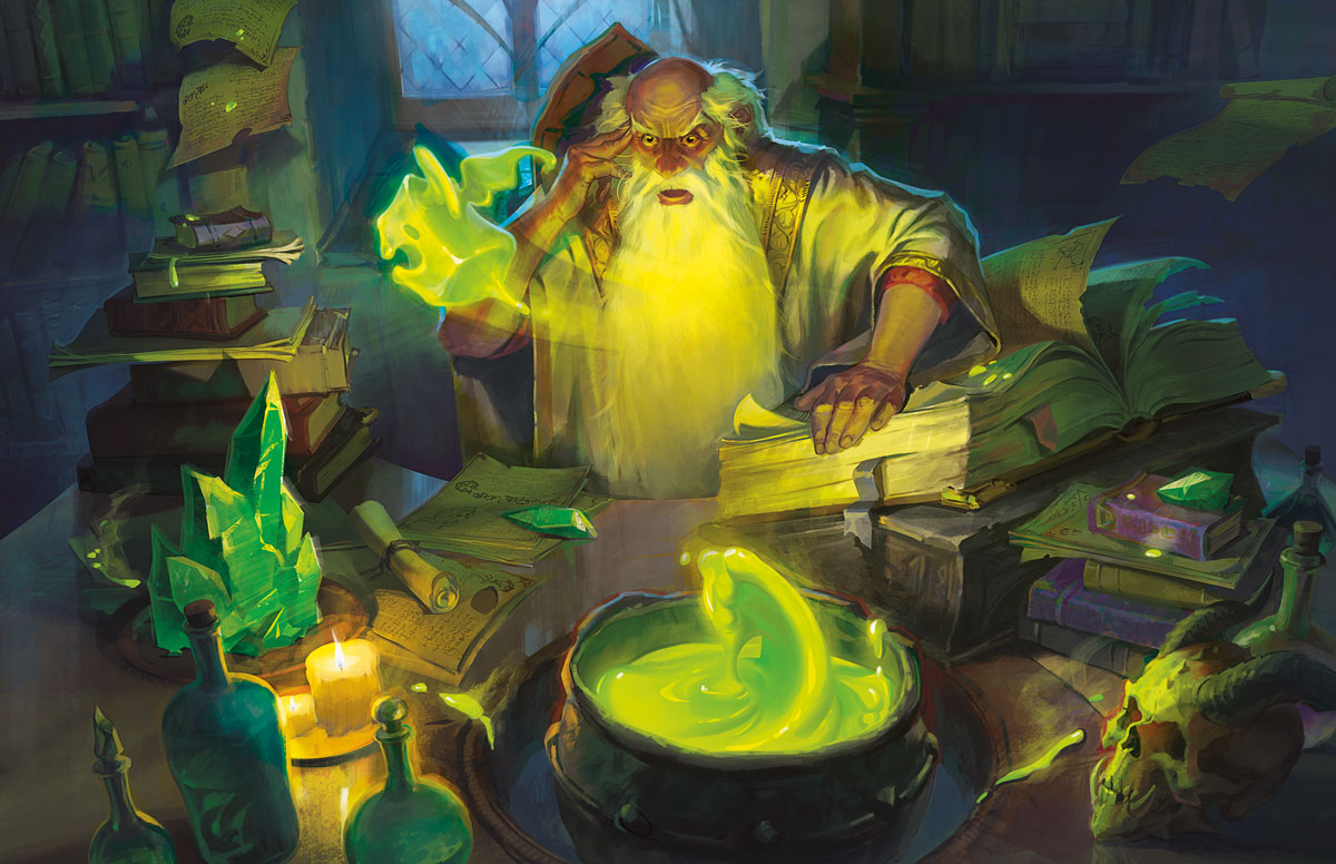 A wizard sits at his desk, attempting to make a new magic potion.